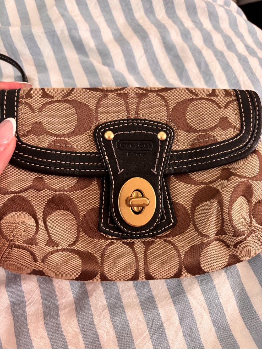 Coach Tan & Brown Signature Canvas Wristlet with Gold Turnlock